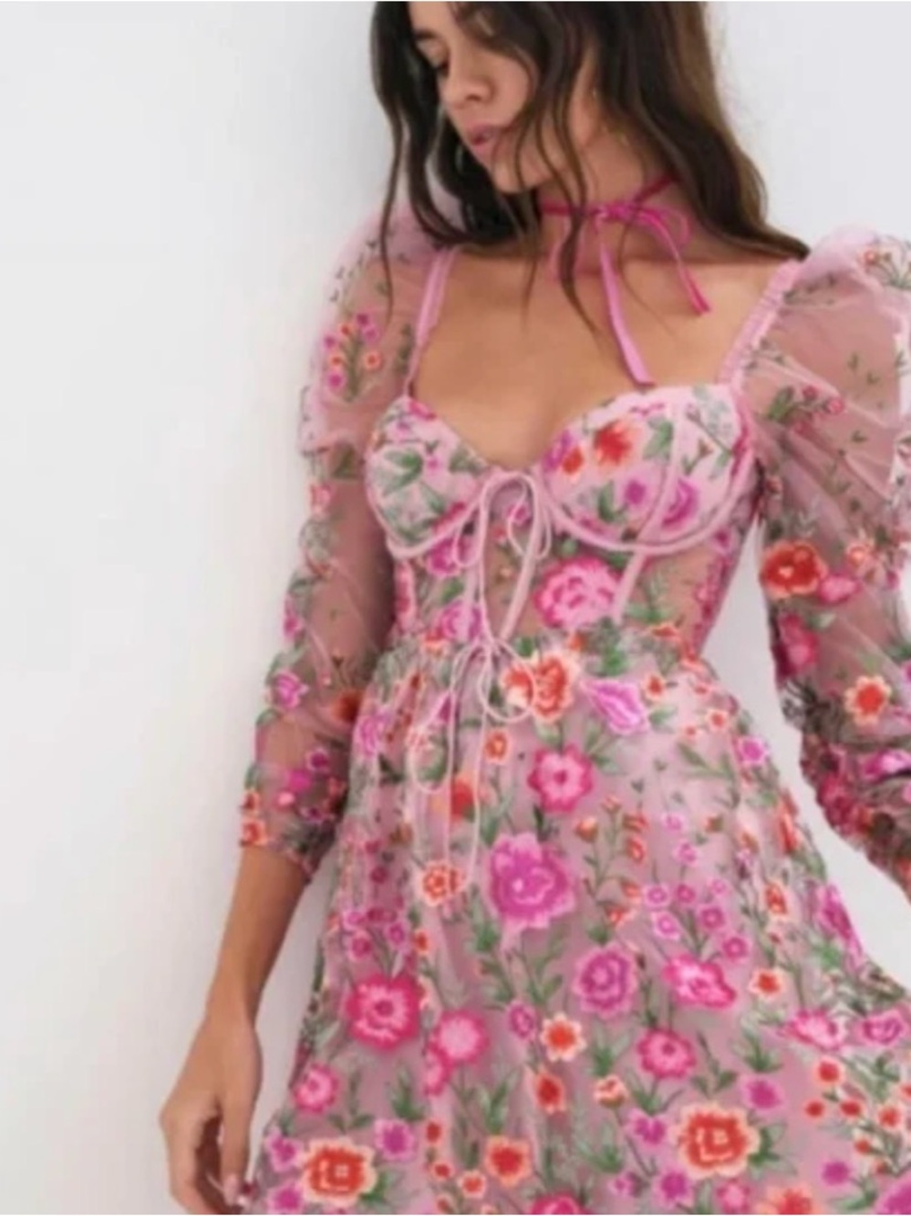 For Love & Lemons Pink Floral Embroidered Short Dress